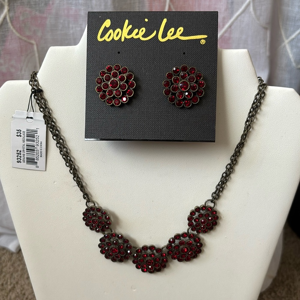 Retired Cookie Lee Red Crystal Floral Jewelry Set—NWT